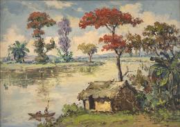 64   -  [Paisaje fluvial con barco en Ecuador]. sin fecha. 