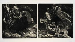 102   -  Augusto RendónColombia, 1933 - 2020. Por los corredores del tiempo oigo caballos (J. M. Roca) - (De la carpeta "En homenaje a Ucello"), 1978