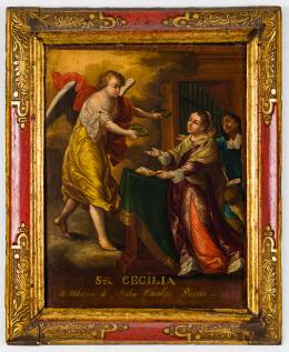 101   -  Ángel entrega a las coronas de martirio a Santa Cecilia y a suesposo Valeriano. Pintor anónimo neogranadino. 