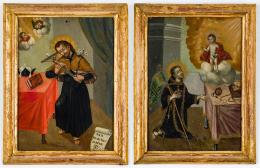 74   -  Pareja de pinturas devocionales con San Francisco Javier y Aparición del niño Jesús a San Juande Dios. Pintor anónimo neogranadino. 