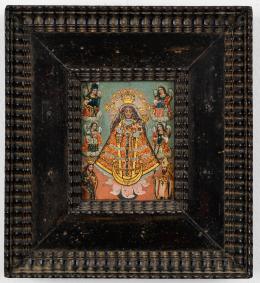 78   -  Virgen de Copacabana (anverso); Virgen con el niño entre San Juan de Dios y otra santa (reverso). Obrador anónimo peruano o boliviano. 