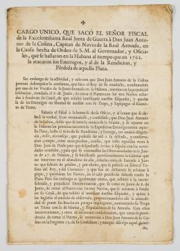 56   -  <span class="object_title">Cargo único que sacó el señor fiscal de la excelentisima Real Junta de Guerra à don Juan Antonio de Molina, capitán de Navío de la Real Armada, en la causa hecha de orden de S. M. al governador, y oficiales, que se hallaron en La Habana</span>