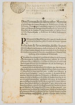 60   -  <p><span class="description">Don Fernando de Alencaster Noroñay Sylva Duque [Relación de lo ocurrido desde la pérdida de la Batalla de Zaragoza hasta la vuelta de su magestad a esta misma ciudad]</span></p>