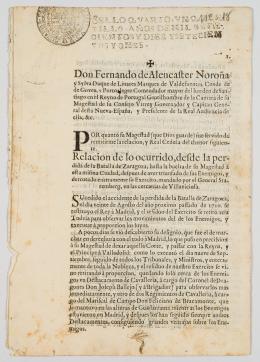 60   -  <p><span class="description">Don Fernando de Alencaster Noroñay Sylva Duque [Relación de lo ocurrido desde la pérdida de la Batalla de Zaragoza hasta la vuelta de su magestad a esta misma ciudad]</span></p>