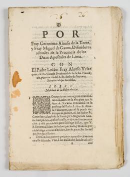 67   -  <span class="object_title">Por fray Gerónimo Alonso de la Torre y fray Miguel de Gauna, difinidores actuales de la Provincia de los Doce<br/>Apóstoles de Lima con el padre Lector fray Alonso Velázquez, vicario provincial de la dicha provincia por muerte<br/>del P. Pedro de Iramain</span>