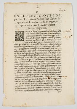 68   -  <span class="object_title">En el pleyto que por parte del licenciado Andrés Iuan Gaitán, Inquisidor de Lima, ha venido en grado de apelación,<br/>se sirva V. m., dever estos breves renglones</span>