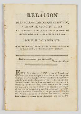 77   -  <span class="object_title">Relación de la solemnidad con que se instaló y abrió el curso de Artes en el Colegio de Popayán en los días 18 y 19 de octubre de 1818. Por el Illmo. Sor. D. Salvador Ximénez Enciso y Cobos Padilla, su restaurador y munificentísimo Protector</span>