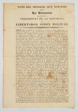 95   -  <span class="object_title">Voto del Senador que suscribe sobre la renuncia que hace de la Presidencia de la República el libertador Simón Bolívar</span>