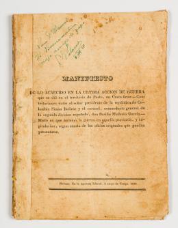 98   -  <p><span class="description">Manifiesto de lo acaecido en la última acción de guerra que se dio en el territorio de Pasto, en Costa Firme.
-Contestaciones entre el señor presidente de la república de Colombia Simón Bolívar y el coronel, comandante
general de la segunda división española, don Basilio Modesto García.-Modo en que terminó la guerra en
aquella provincia, y capitulación, según consta de los oficios originales que pueden presentarse</span></p>