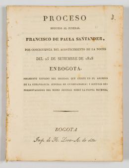 119   -  <p><span class="description">Proceso seguido al jeneral Francisco de Paula Santander, por consecuencia del acontecimiento de la noche del
25 de septiembre de 1828 en Bogotá, fielmente copiado del orijinal que existe en el Archivo de la Comandancia
Jeneral de Cundinamarca: i algunas representaciones del mismo Jeneral sobre la propia materia</span></p>