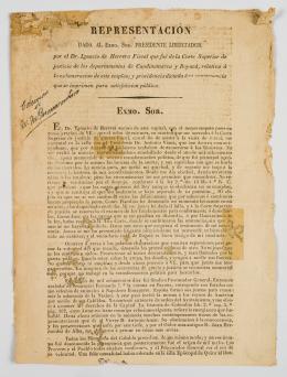 143   -  <p><span class="description">Representación dada al Exmo. Sor. Presidente y Libertador por el Dr. Ignacio de Herrera Fiscal que fue de la Corte Superior de justicia de los departamentos de Cundinamarca y Boyacá, relativa á la exhoneración de este empleo; y providencia dictada á su consecuencia que se imprimen para satisfacción pública</span></p>