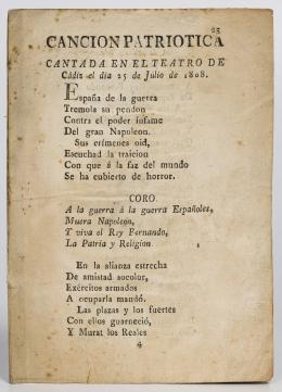 19   -  <span class="object_title">Canción patriótica cantada en el teatro de Cádiz el día 25 de julio de 1808</span>