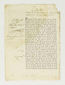 554   -  <p><span class="description">[Virrey Montalvo/Cartagena] Impreso, con texto manuscrito: el ministro de guerra le comunica al virrey Montalvo, a Cartagena una Real Orden sobre condecoraciones otorgadas a las “valientes tropas” que en septiembre de 1810 habían combatido a los franceses en España. 1817</span></p>