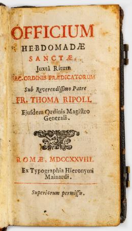 49   -  <span class="object_title">Officium Hebdomadae Sanctae Juxtà Ritum Sac. Ordinis Praedicatorum Sub Reverendissimo Patre Fr. Thoma Ripoll Ejusdem Ordinis Magistro Generali</span>