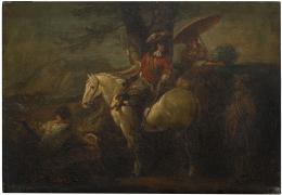 15   -  <p><span class="description">Paesaggio con cavaliere, dama e due contadini. Atribución de Amadore Porcella a Philips Wouwerman</span></p>