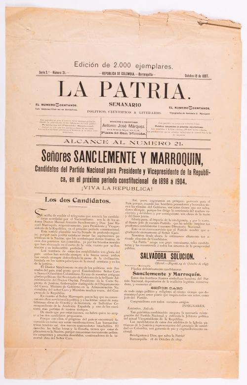 Márquez, Antonio José : Alcance al No. 21 de La Patria, Semanario político, científico y literario