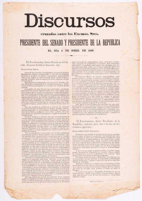 VV.AA. : Discursos cruzados entre los excelentísimos señores presidente del Senado y presidente de la República el día 5 de noviembre de 1898