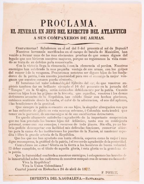 Ponce F.  : Proclama del jeneral en jefe del ejército del Atlántico a sus compañeros de armas