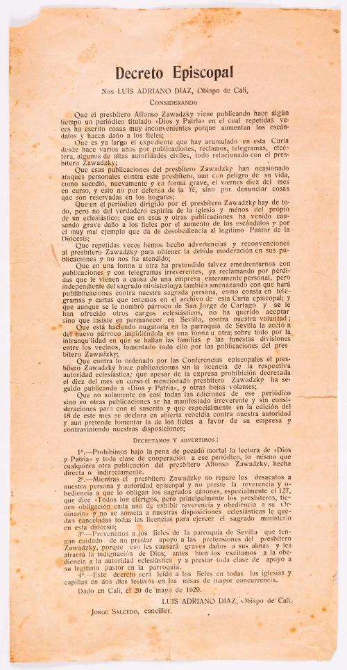 Diaz, Luis Adriano : Decreto episcopal censurando un libro. Cali. 1929
