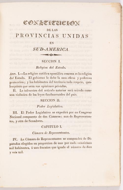 s.a : Constitución de las Provincias Unidas en Sud América, sancionada y mandada publicar por el soberano congreso general constituyente en 22 de abril de 1819