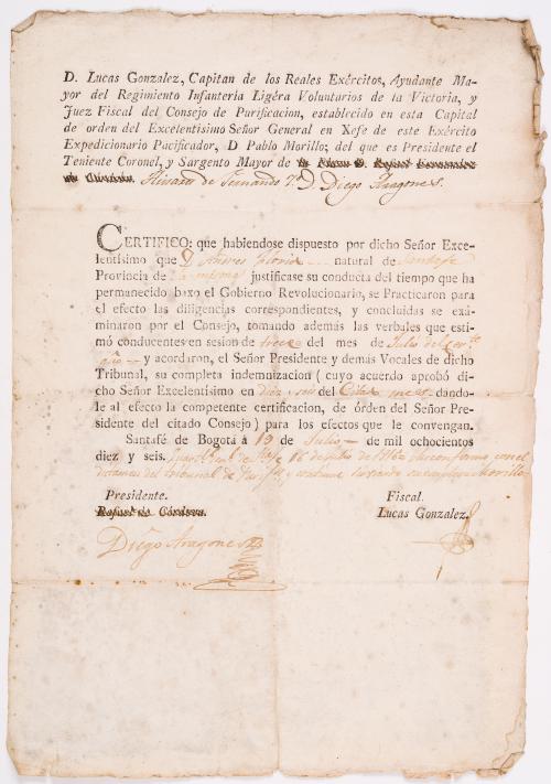 Aragonéz, Diego : Certificado de Andrés Florido sobre su participación en el gobierno revolucionario elaborado para Pablo Morillo 