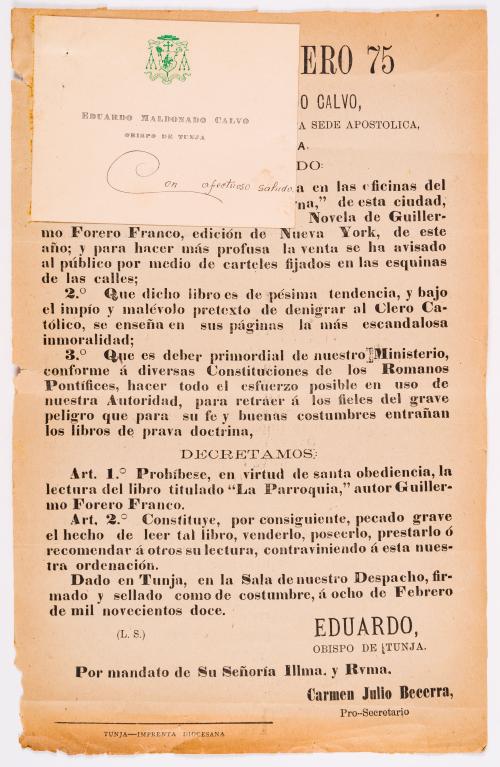 Maldonado Calvo, Eduardo : Decreto número 75, censurando el libro "La Parroquia" de Guillermo Forero Franco 