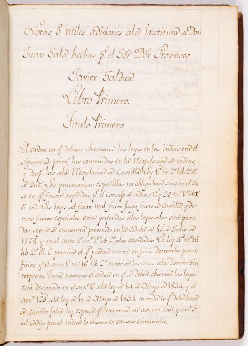 Zaldúa, Francisco Javier : Notas o útiles adiciones a la instituta de Don Juan Sala, hechas por el señor Don Francisco Javier Zaldúa