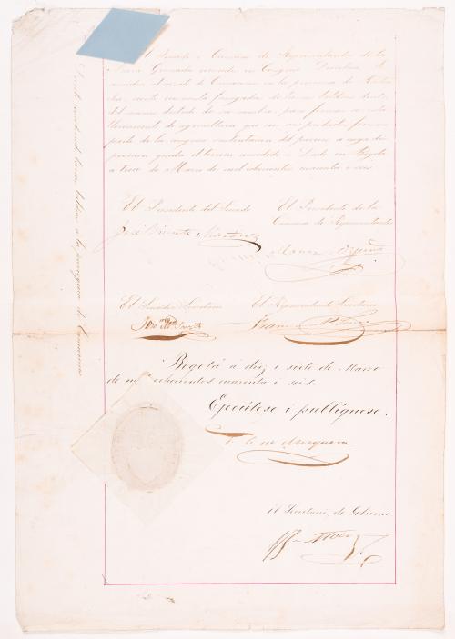 Decreto firmado por Tomás Cipriano de Mosquera concediendo tierras baldías en Riohacha