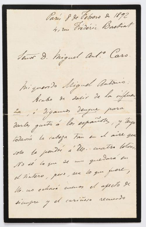 Cuervo, Rufino José : Carta inédita de Rufino José Cuervo a Miguel Antonio Caro