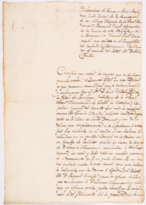 Carta de Santiago Torres sobre la toma de la Hacienda Hierb