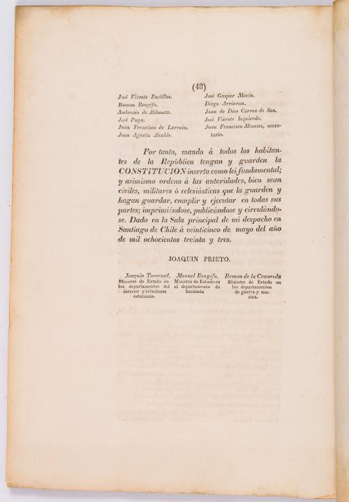 s.a : Constitución de la República de Chile. Jurada y promulgada el 25 de mayo de 1833