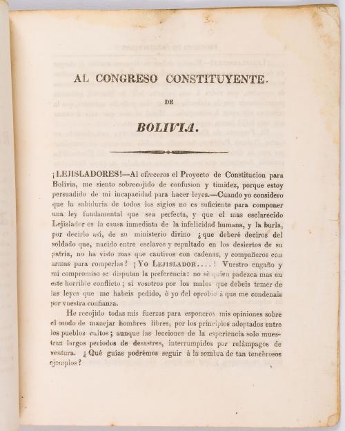 Proyecto de constitución para la República de Bolivia y discursos del libertador
