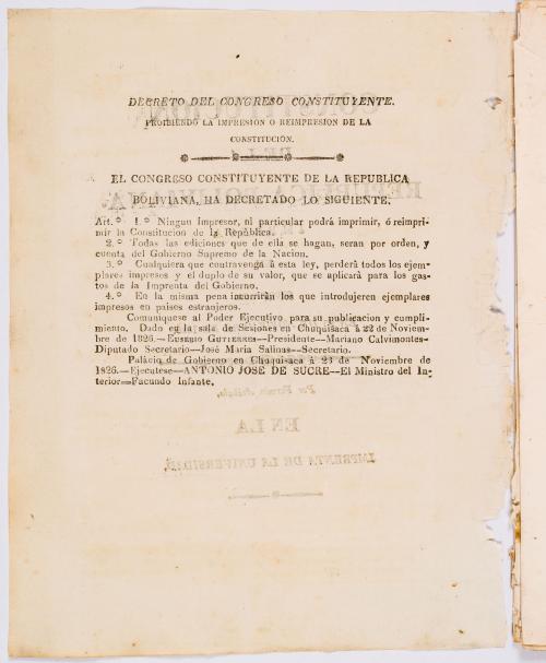s.a : Constitución de la República Boliviana impresa en Chuquisaca en 25 de noviembre de 1826