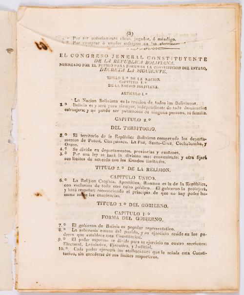 s.a : Constitución de la República Boliviana impresa en Chuquisaca en 25 de noviembre de 1826