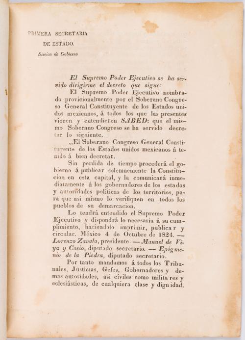 s.a : Constitución federal de los Estados Unidos Mexicanos. Seccionada. El Congreso General Constituyente del 4 de octubre de 1824 