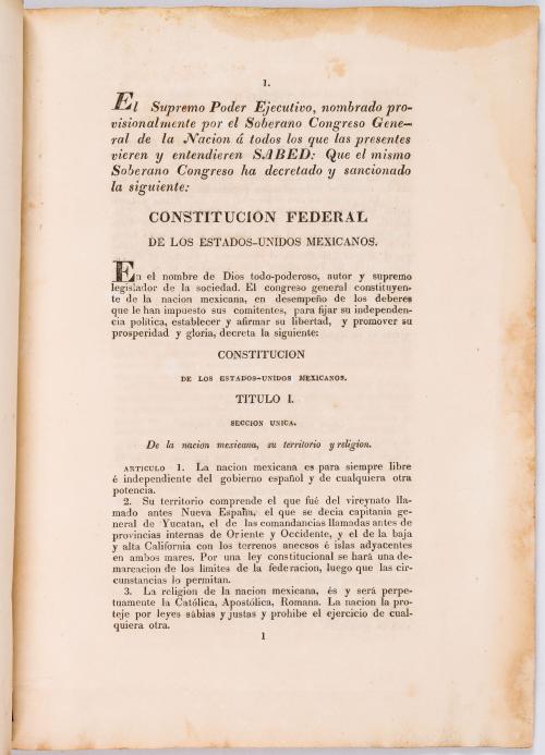 s.a : Constitución federal de los Estados Unidos Mexicanos. Seccionada. El Congreso General Constituyente del 4 de octubre de 1824 