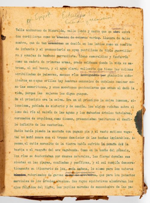 Arias Trujillo, Eduardo : Manuscrito original del texto Risaralda, novela de negredumbre y de vaquería 