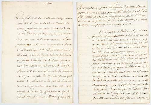 Gálvez, Juan : Manuscrito sobre el envío de instrumentos, l