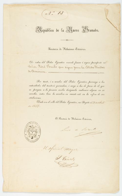 Pombo, Lino : Pasaporte diplomático concedido a Fidel Pombo