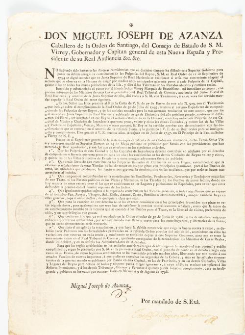 Azanza, Miguel José de : [México] Bando regulando el comerc
