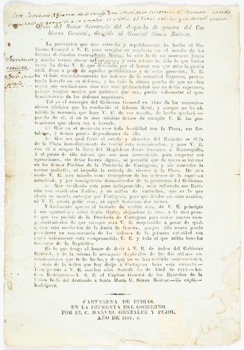 Oficio del señor secretario del despacho de guerra del gobi