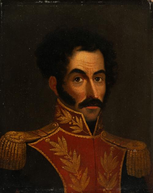 Castro, José Gil de (atrib.) : Retrato de Bolívar, pintura sobre tabla, c. 1827