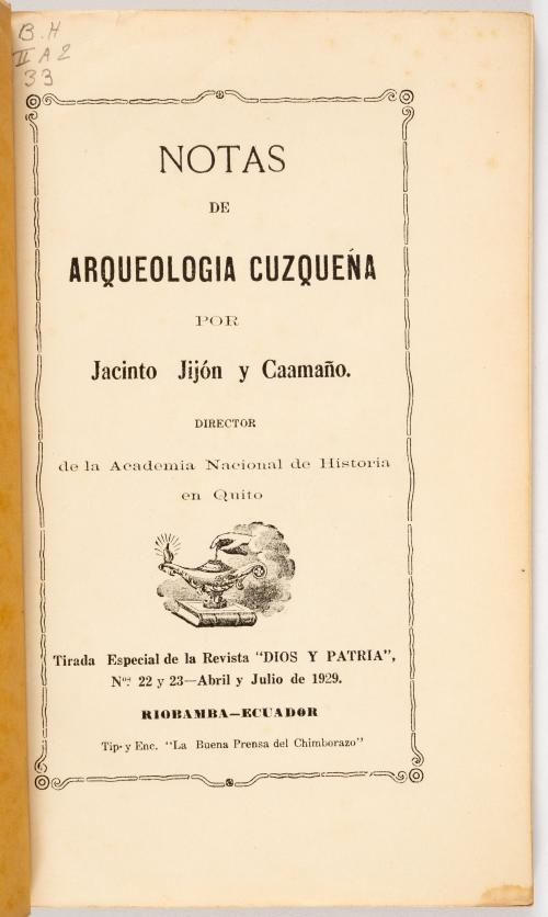Jijón y Caamaño, Jacinto : Notas de arqueología cusqueña