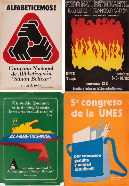 Carteles sobre educación, organización estudiantil y alfabe