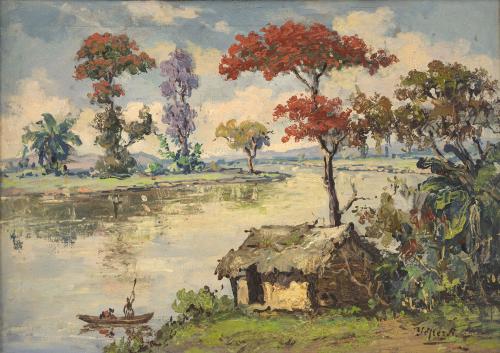 [Paisaje fluvial con barco en Ecuador]