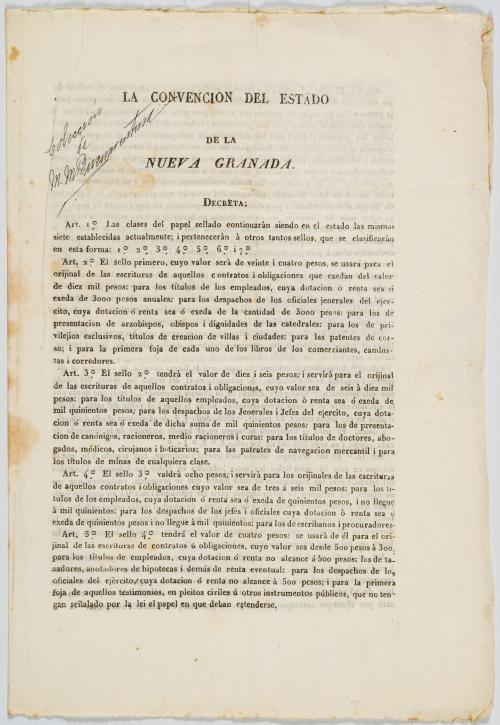 La Convencion del Estado de la Nueva Granada. Decreta: [Ley