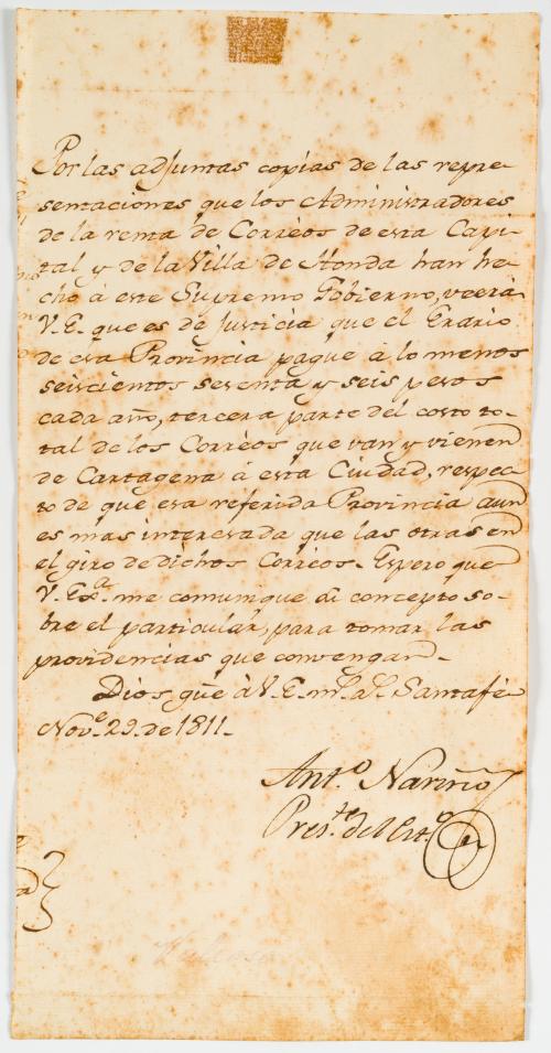 Nariño, Antonio : Carta manuscrita firmada por Antonio Nari