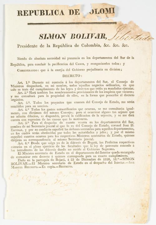 Bolívar, Simón : Decreto de Simón Bolívar. Presidente de la