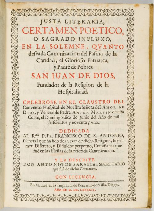 Sarabia, Antonio de : Justa literaria, certamen poético, o 