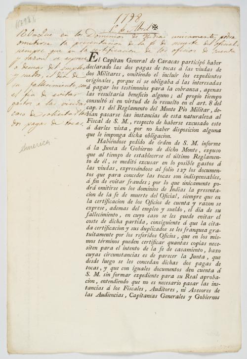 España. Monte Pío Militar : El Capitán General de Caracas p